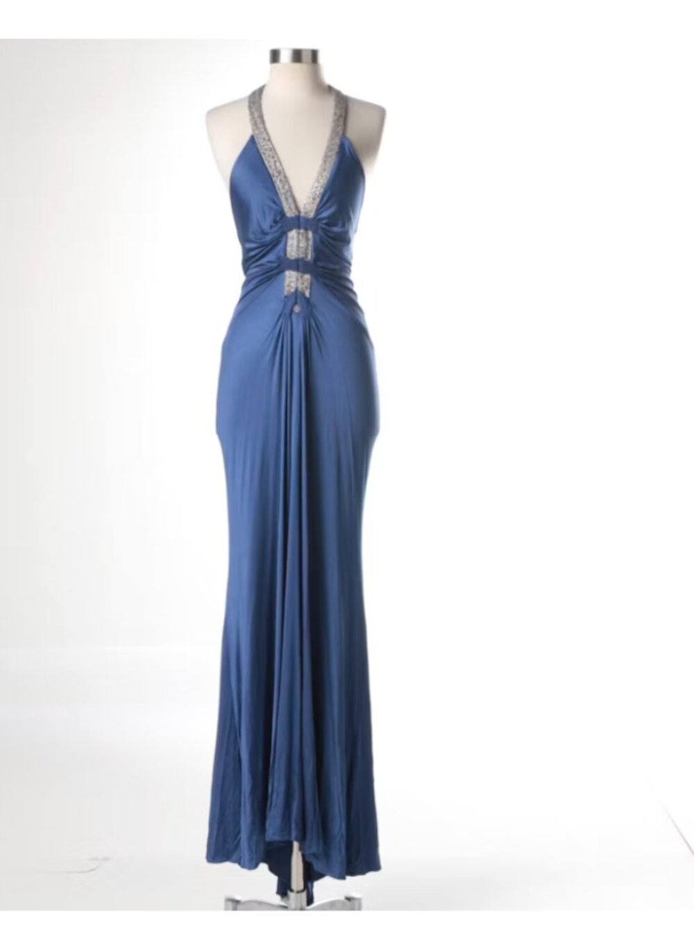Roberto Cavalli Blue Halter Rhinestone Slinky Gown Dress Maxi 40